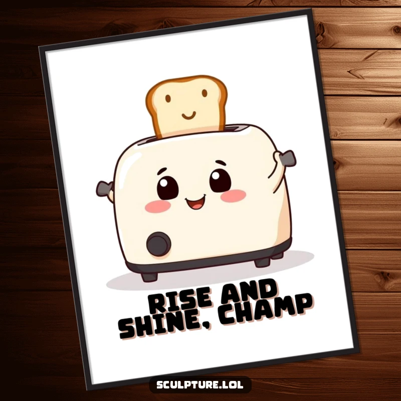 Funny free printable wall art of a smiling toaster enthusiastically launching a piece of toast into the air, full of energy.