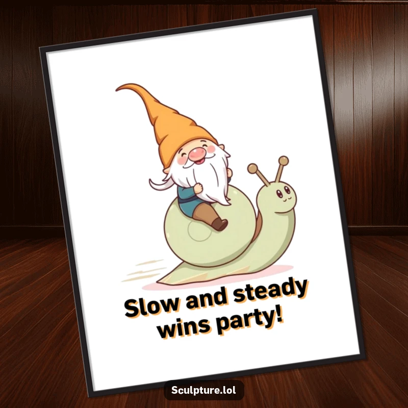 Funny Free Printable Wall Art: A playful gnome speeds gleefully on a snail, bringing quirky charm to any room.