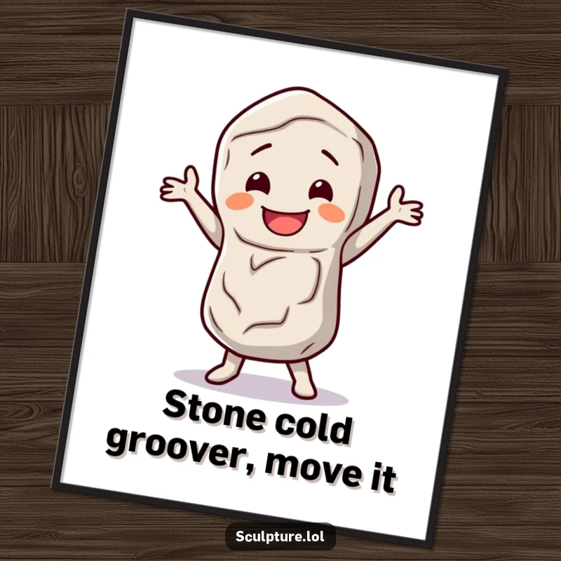 Funny free printable wall art of a happy stone figure doing a little dance jig, adding a touch of whimsical charm to any room.