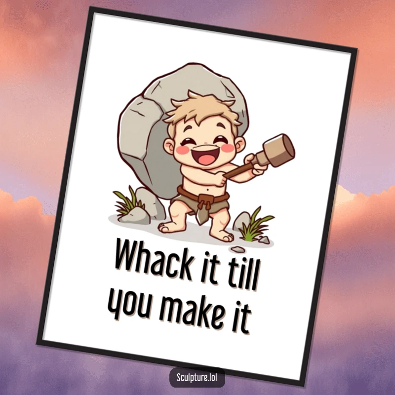 Funny Free Printable Wall Art: Cheerful caveman character energetically smashing a large boulder with a wooden club.