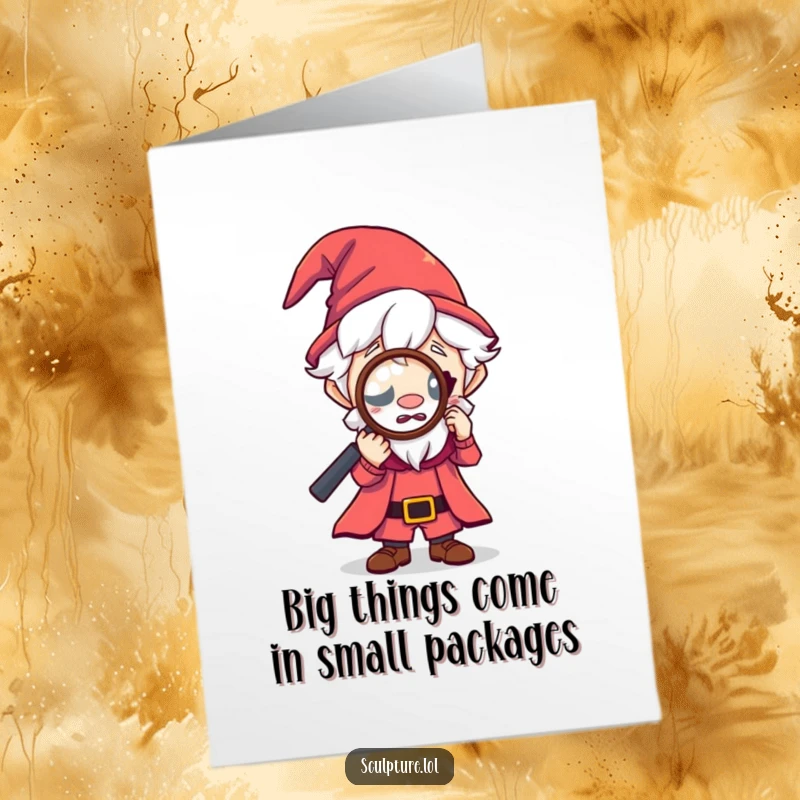 Funny Free Printable Birthday Card: Curious tiny wizard character intensely examining something with a magnifying glass.
