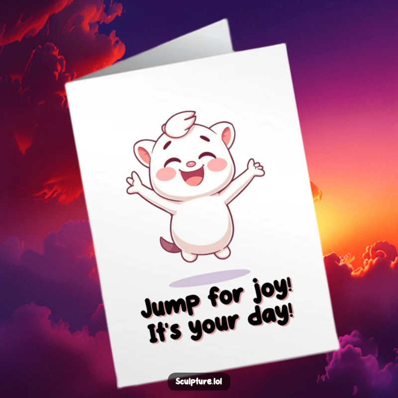 Funny Free Printable Birthday Card: A plaster cast character caught mid-giggle while leaping sideways, full of birthday cheer.