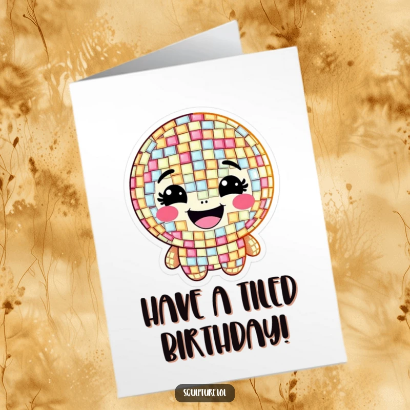 Funny Free Printable Birthday Card: A grinning mosaic character composed of shimmering, happy tiles, celebrating a birthday in dazzling style.