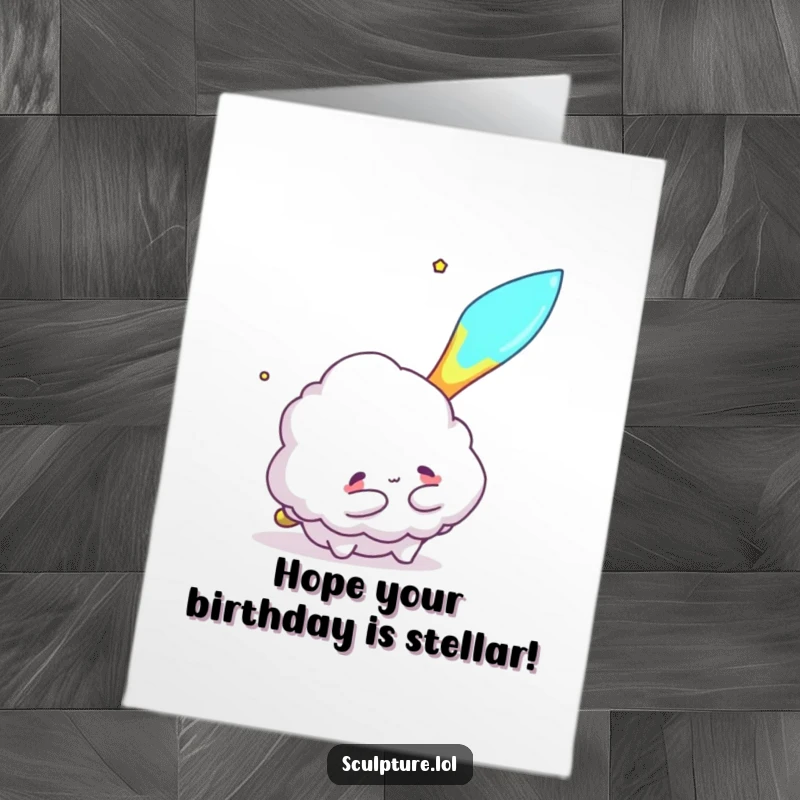 Funny Free Printable Birthday Card: A fluffy cloud character desperately trying to hug a fast-flying meteor.