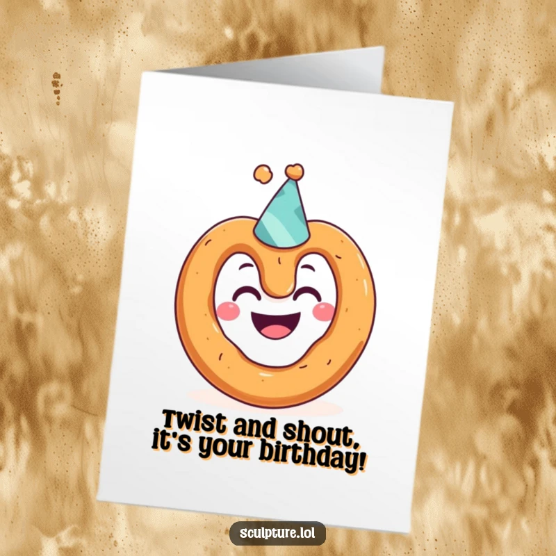 Funny Free Printable Birthday Card: A grinning pretzel in a tiny party hat, ready to celebrate with a laugh.