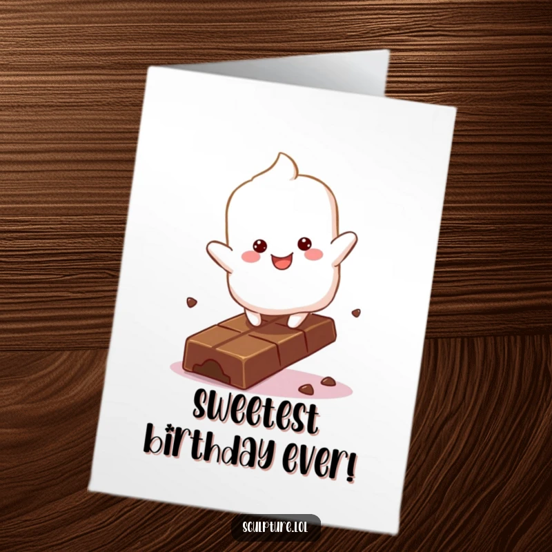Funny Free Printable Marshmallow Birthday Card: Fluffy marshmallow character joyfully bouncing on a chocolate bar for a birthday.