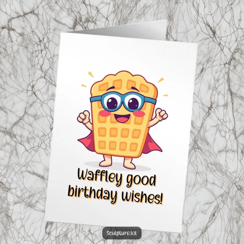 Funny Free Printable Waffle Superhero Birthday Card: A smiling waffle strikes a heroic pose, ready to save the day with humor.