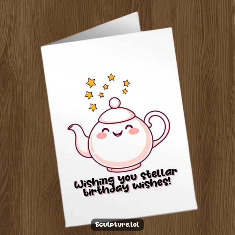 Funny Free Printable Birthday Card: A cheerful teapot joyfully pours a cascade of twinkling stars instead of tea, celebrating life.