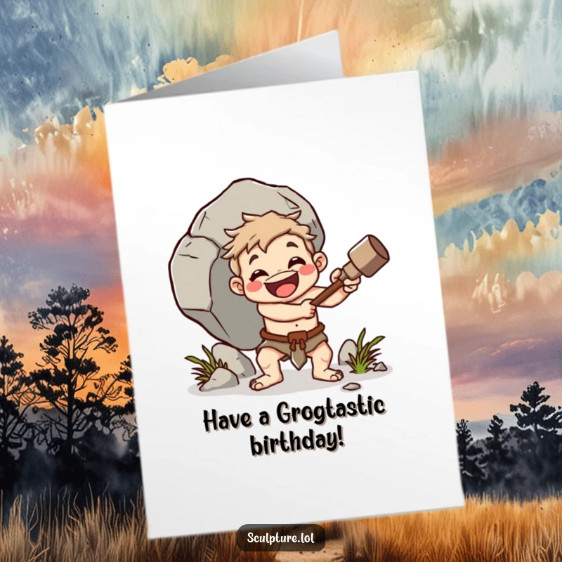 Funny Free Printable Birthday Card: Cheerful caveman character enthusiastically whacking a large boulder with a club.