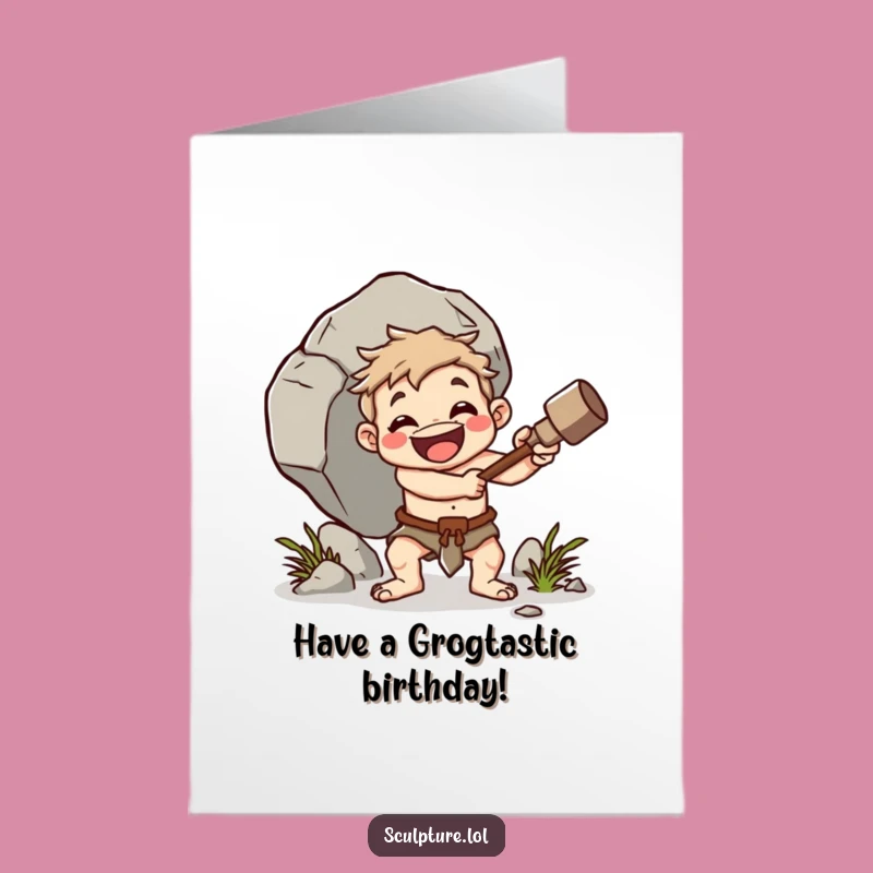 Free Printable Birthday Card: Cheerful Caveman Whacking Boulder Funny Downloadable Gift