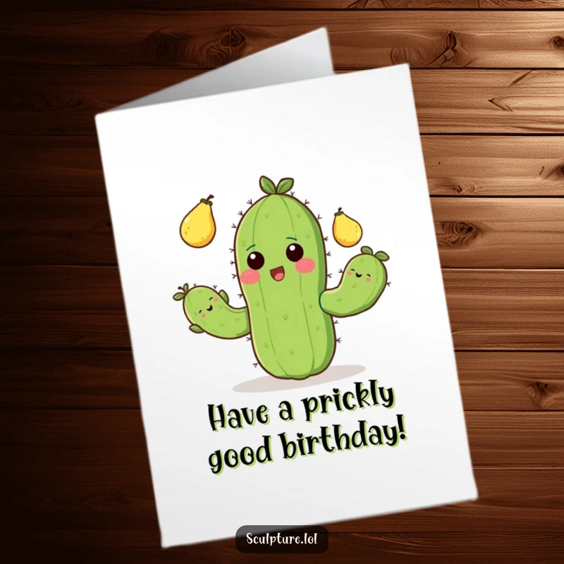 Funny Free Printable Birthday Card: A cheerful cactus with short arms joyfully juggling prickly pears, full of birthday excitement.