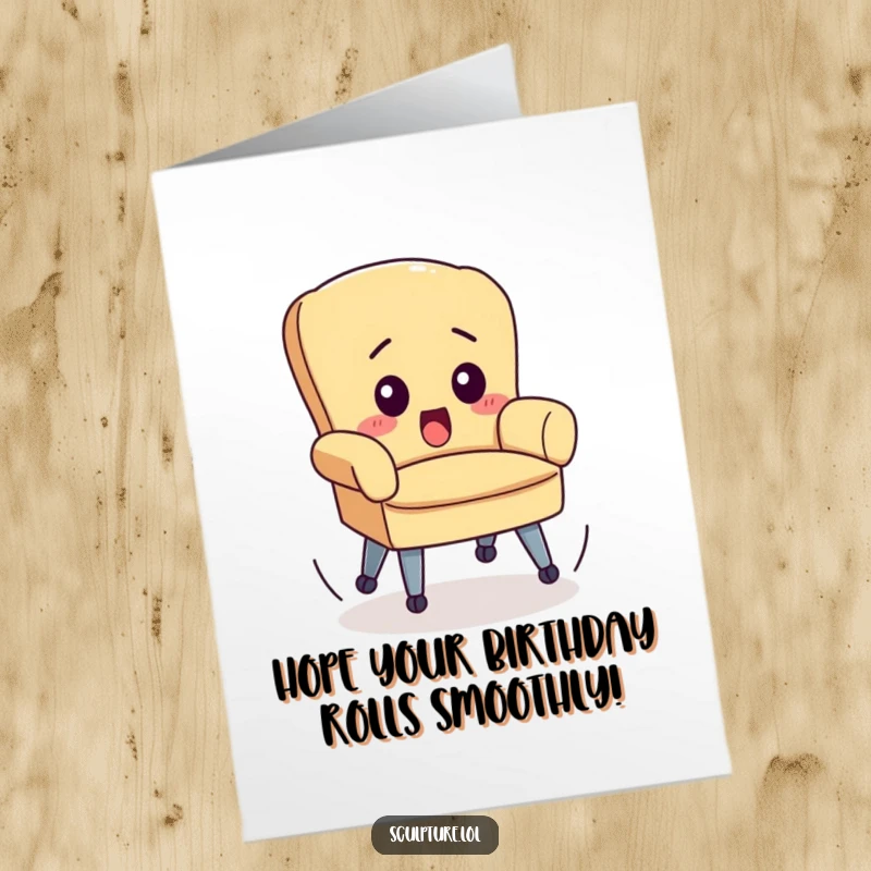 Funny Free Printable Birthday Card: A small chair with wheels spinning wildly out of control, expressing surprise and chaos.