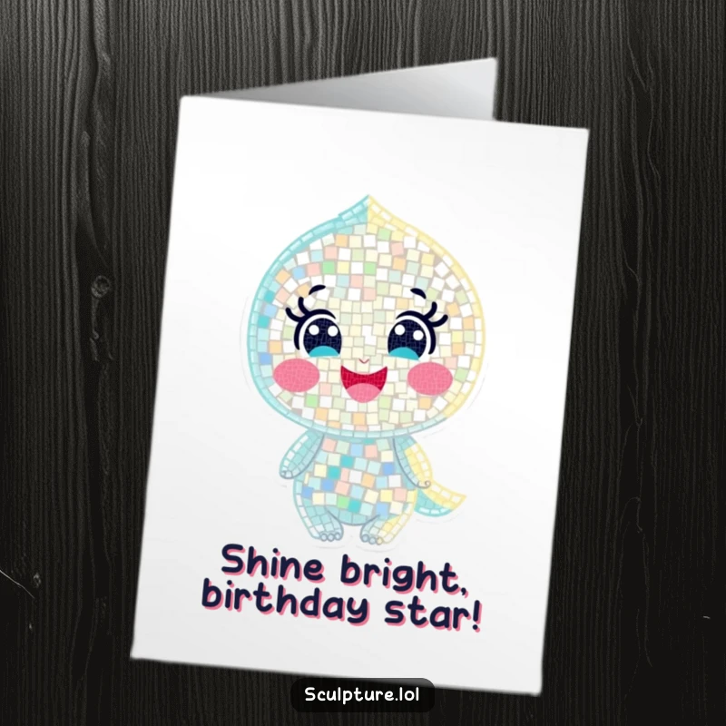 Funny Free Printable Birthday Card: A beaming mosaic character composed of tiny shimmering pieces, radiating happiness.