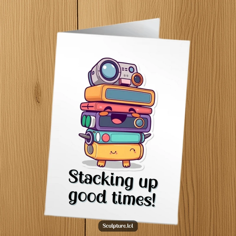 Funny Free Printable Birthday Card: A giggling found object character comically stacked high, ready for a birthday celebration.