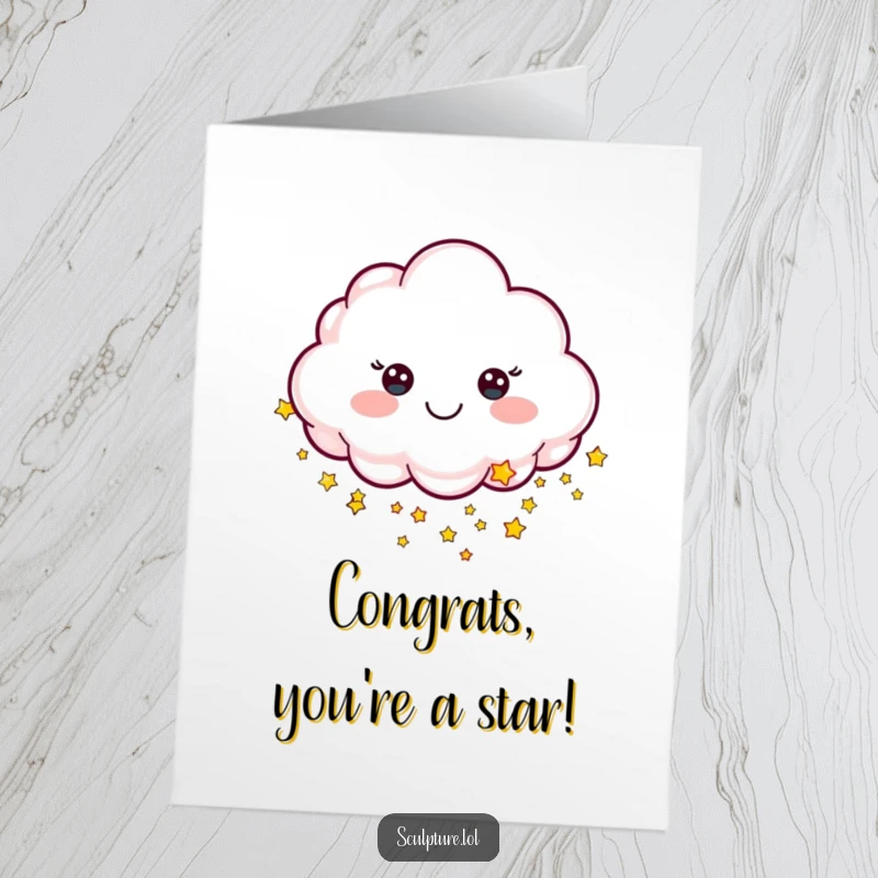 Funny Free Printable Congratulations Card: A cheerful sculpted cloud character showering tiny, sparkling stars, celebrating achievements with celestial delight.