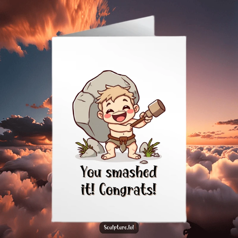 Funny Free Printable Congratulations Card: Cheerful caveman character triumphantly whacking a boulder, celebrating a major win.