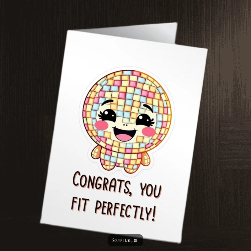 Funny Free Printable Congratulations Card: A grinning mosaic character made of shimmering, happy tiles, celebrating success with a radiant and artistic flair.