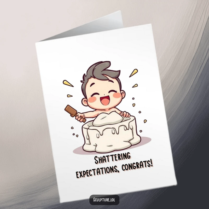 Funny Free Printable Congratulations Card featuring a happy character enthusiastically smashing a plaster mold in celebration.