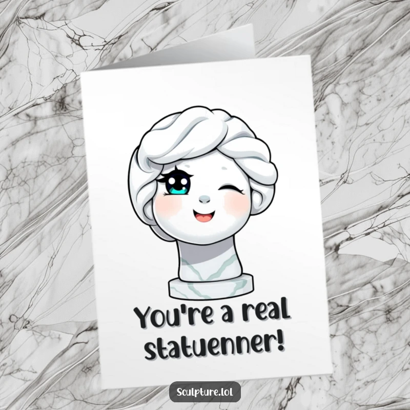 Funny Free Printable Congratulations Card: A marble statue giving a playful wink and a slight smile.