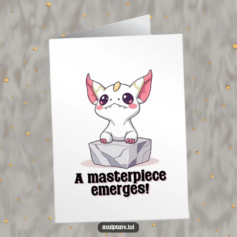 Funny Free Printable Congratulations card with a bizarre creature emerging from marble, symbolizing a remarkable achievement.