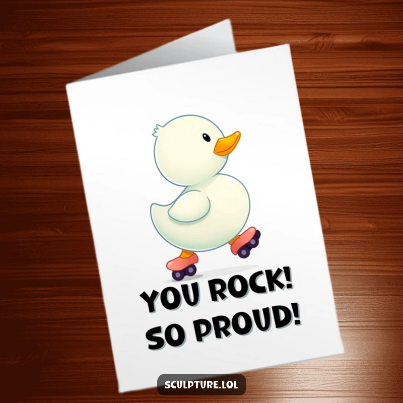 Funny free printable congratulations card featuring a rubber ducky on roller skates, bouncing to celebrate good news.