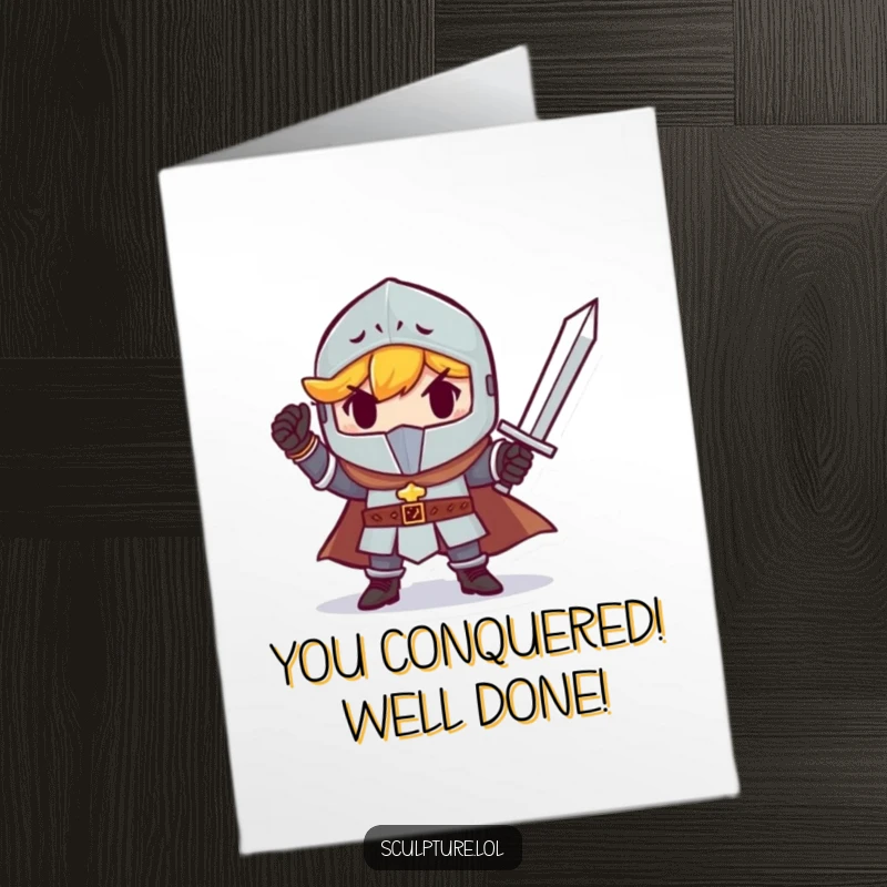 Funny free printable congratulations card showing a small knight holding a tiny sword in victory, great for celebrating achievements.