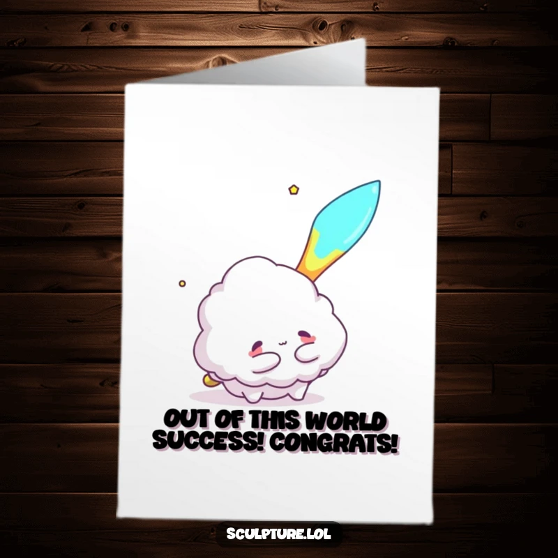 Funny Free Printable Congratulations Card: A fluffy cloud character attempting to hug a flying meteor, celebrating.