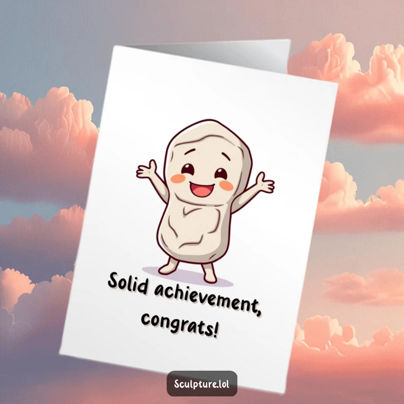 Funny free printable congratulations card showing a happy stone figure performing a joyful dance jig to celebrate achievements.