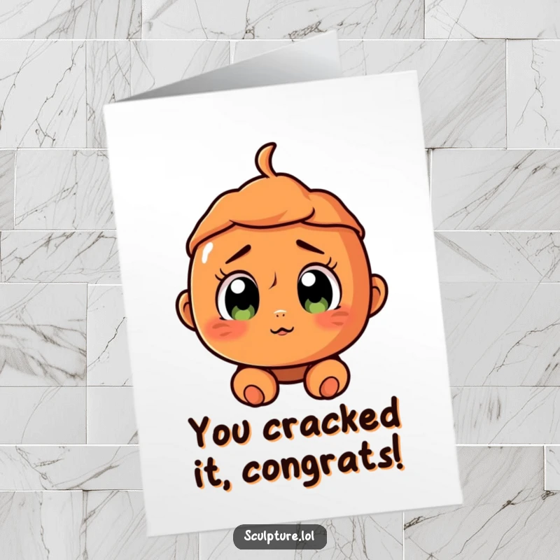 Funny Free Printable Congrats Card: A shocked terracotta figure with wide eyes and a cracked, slightly lopsided smile.