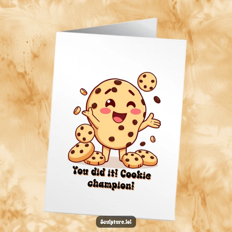 Funny Free Printable Congratulations Card: A delighted cookie character juggling smaller cookies, celebrating your fantastic achievement.