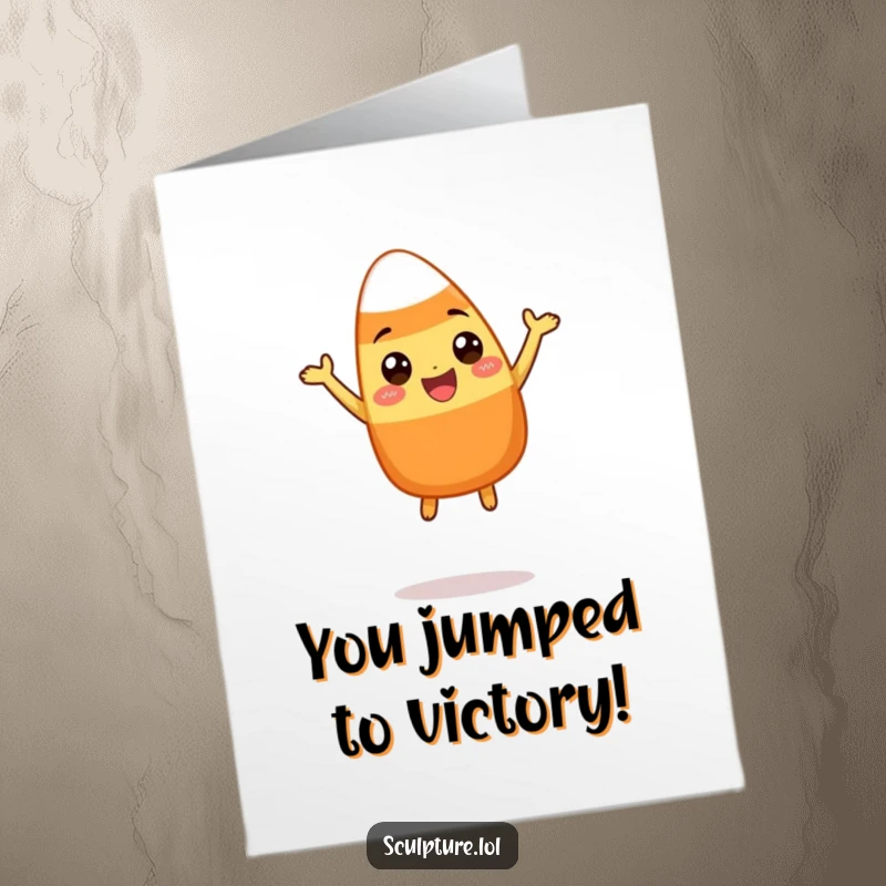 Funny Free Printable Congratulations Card: A happy candy corn character executes a fun, silly leap to celebrate.