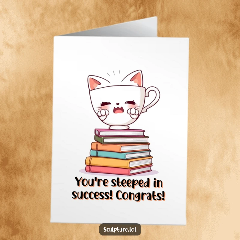 Funny Free Printable Congratulations Card: A startled teacup with tiny paws attempting to balance on wobbly books.