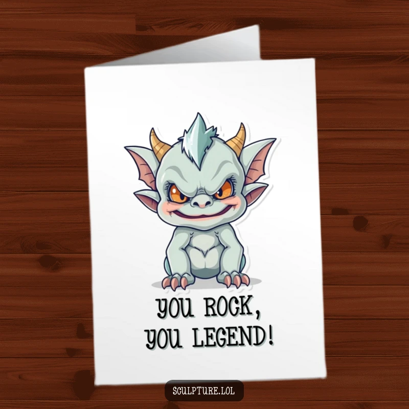 Funny Free Printable Congratulations card with a mischievous gargoyle making a funny face, celebrating success.