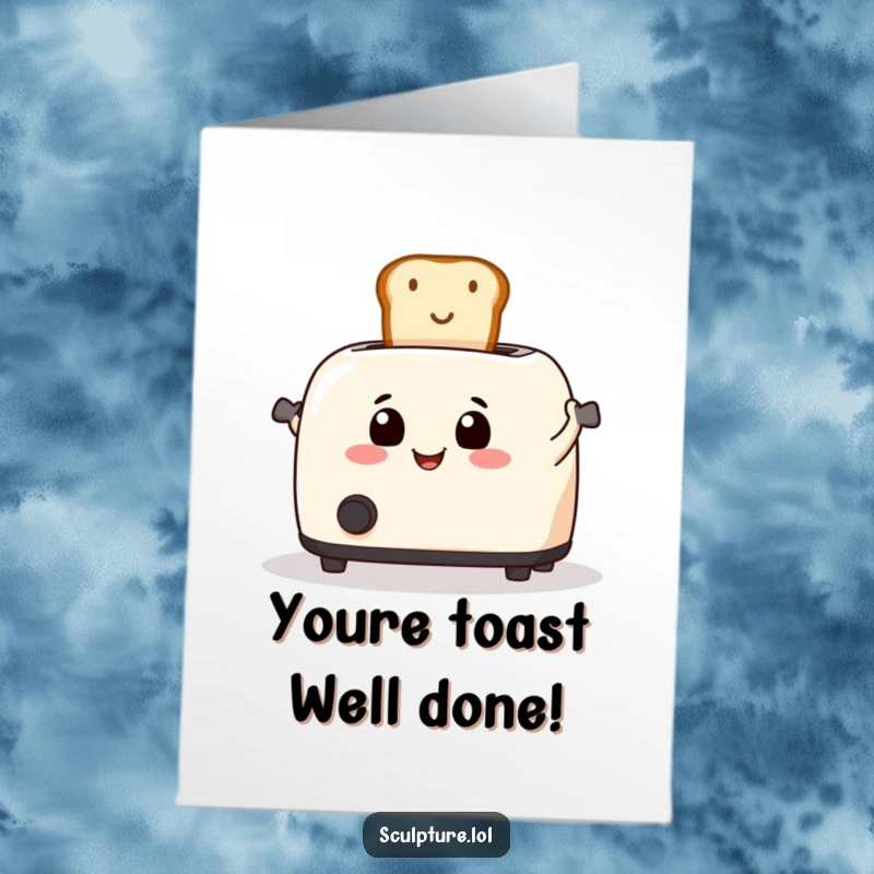 Funny free printable congratulations card showing a smiling toaster launching toast high, celebrating a spectacular achievement.