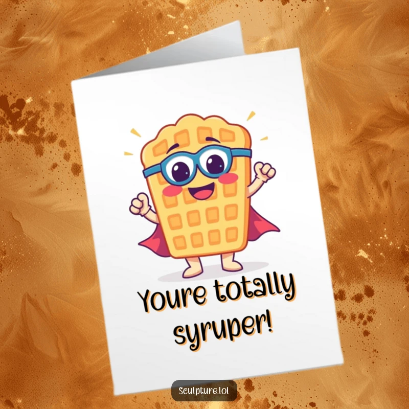 Funny Free Printable Waffle Superhero Congrats Card: Waffle character in a superhero pose celebrating a big achievement with gusto.