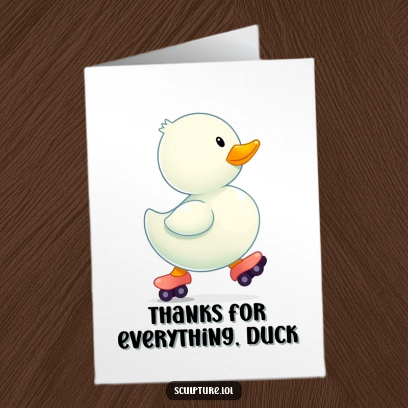 Funny free printable thank you card of a rubber ducky wearing roller skates, bouncing with gratitude. A cheerful message.