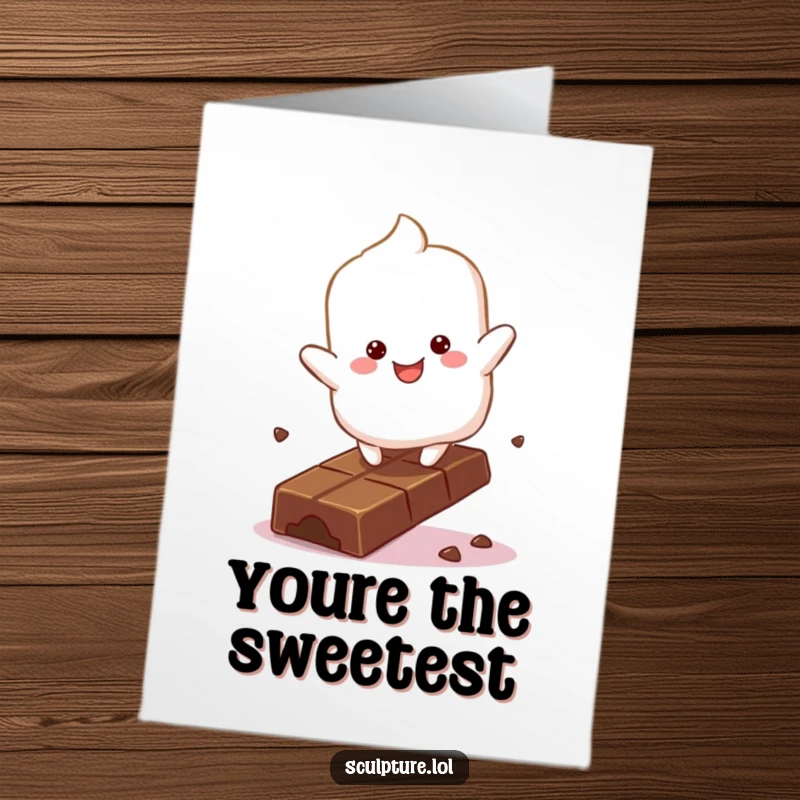 Funny Free Printable Marshmallow Thank You Card: Fluffy marshmallow character bouncing on a chocolate bar to express sweet gratitude.