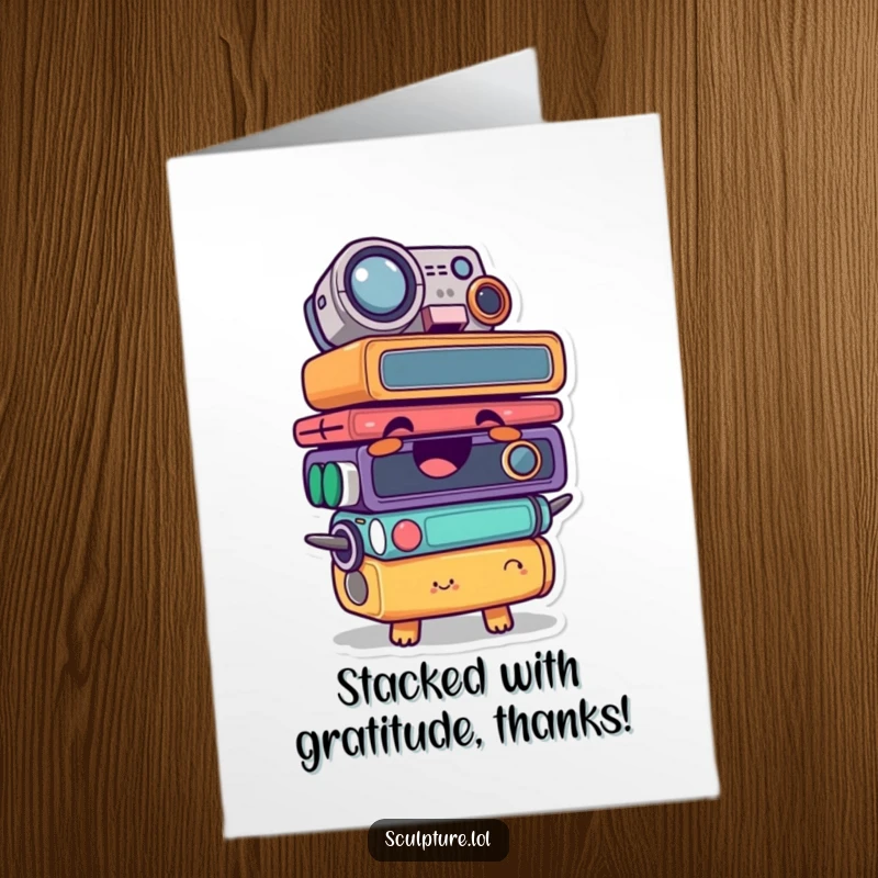 Funny Free Printable Thank You Card: A giggling found object character stacked in a comical way, expressing thanks.