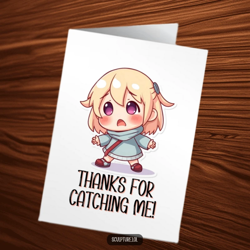 Funny Free Printable Thank You Card: A startled resin character comically losing its footing, perfect for a grateful laugh.