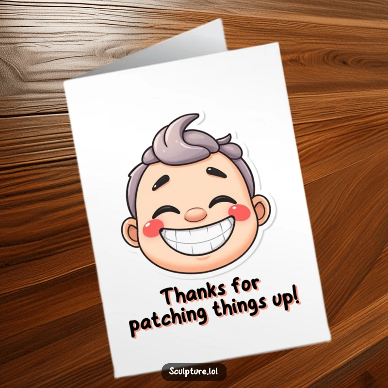 Funny Free Printable Plaster Cast Thank You Card: Happy character with a wide grin, expressing thanks.