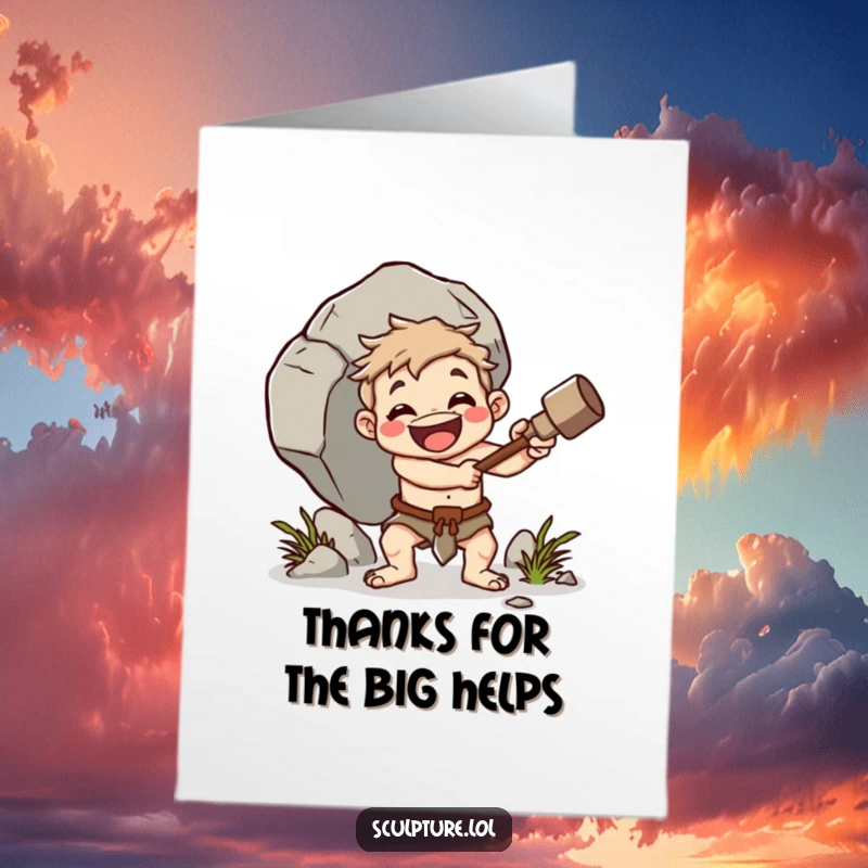 Funny Free Printable Thank You Card: Cheerful caveman character clubbing a boulder, a simple and strong thank you.