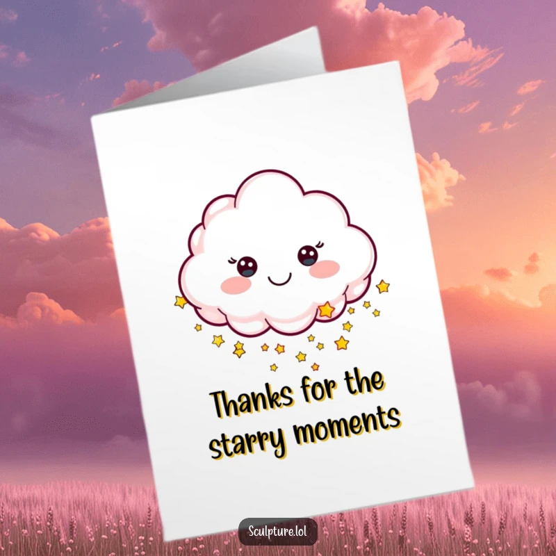 Funny Free Printable Thank You Card: A cheerful sculpted cloud character raining tiny stars, conveying thanks with a whimsical and celestial touch.
