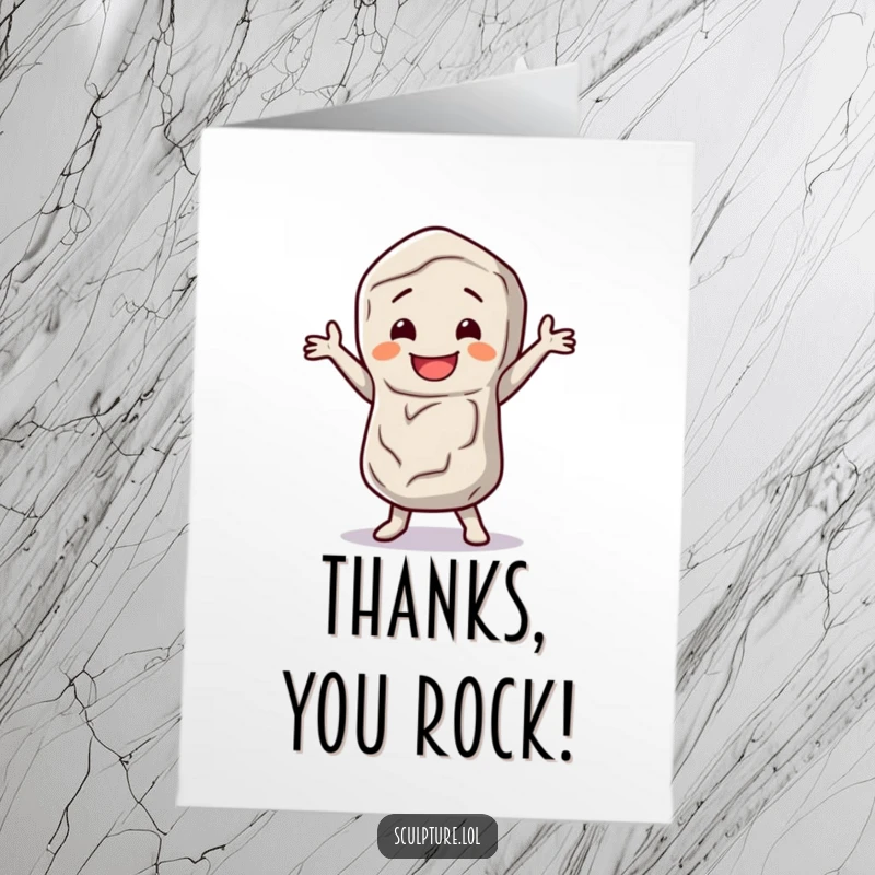 Funny free printable thank you card featuring a happy stone figure doing a little jig, conveying thanks with earthy charm.