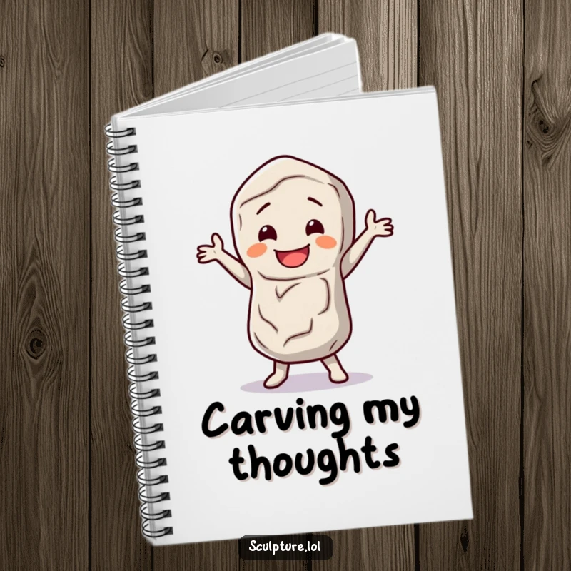 Funny stone figure notebook featuring a happy character doing a little dance jig, perfect for capturing ideas with quirky fun.