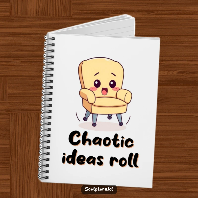 Funny notebook cover with a surprised chair and spinning wheels, perfect for jotting down ideas with a humorous edge.