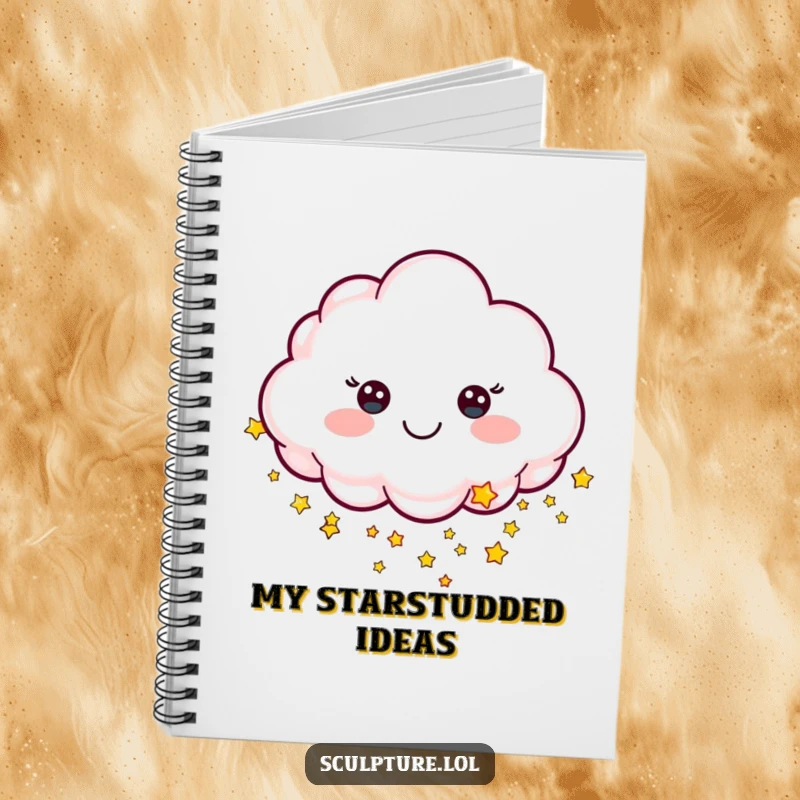 Funny notebook with a cheerful sculpted cloud character raining tiny stars, perfect for journaling dreams.