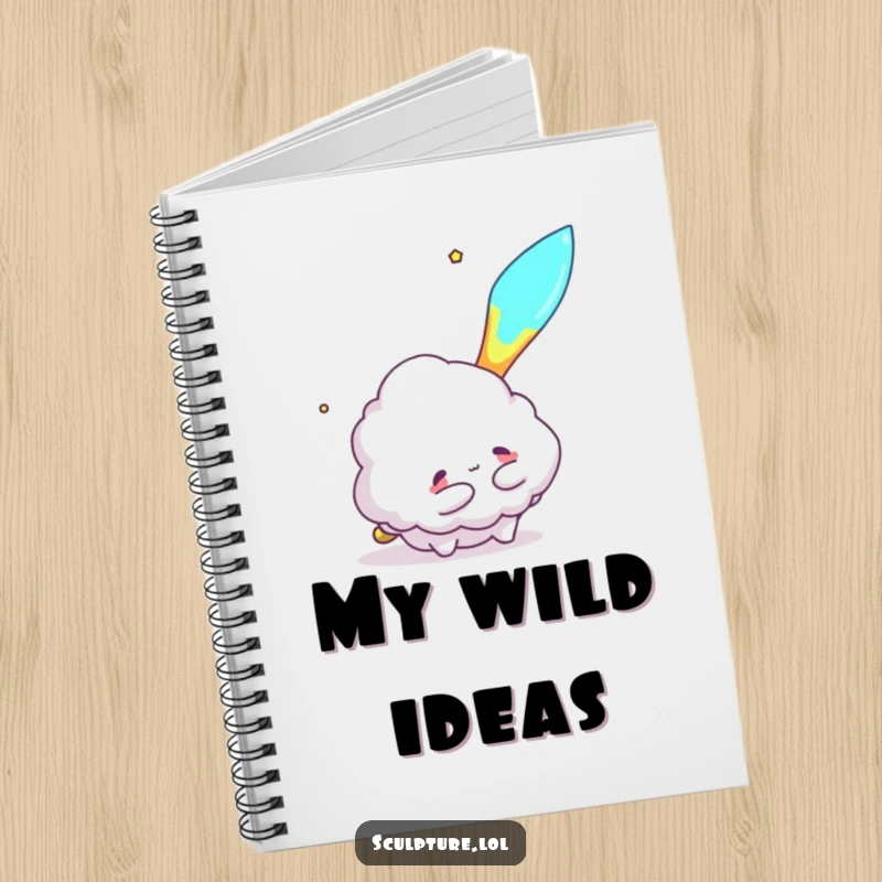 Funny notebook cover with a fluffy cloud character trying to hug a meteor, inspiring cosmic dreams and humorous note-taking.