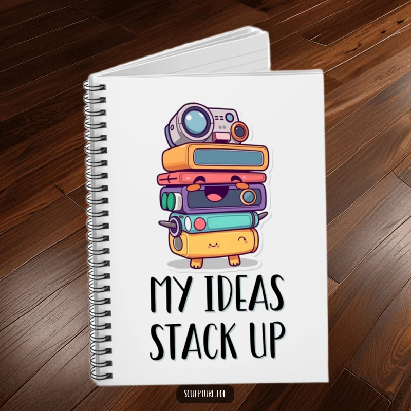 Funny notebook with a giggling found object character stacked comically, perfect for capturing ideas with humor.