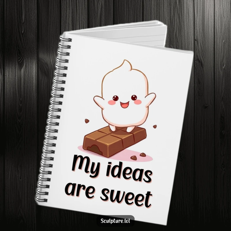 Funny fluffy marshmallow character notebook bouncing with glee on a chocolate bar, perfect for notes and gifts.