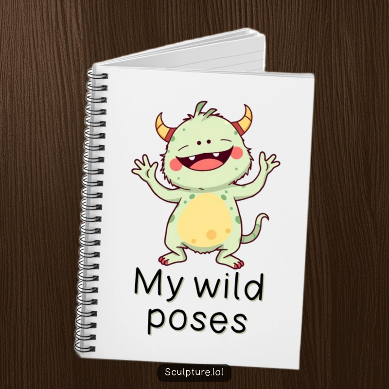 Funny notebook with a whimsical monster in a comical yoga pose, perfect for jotting down creative ideas.